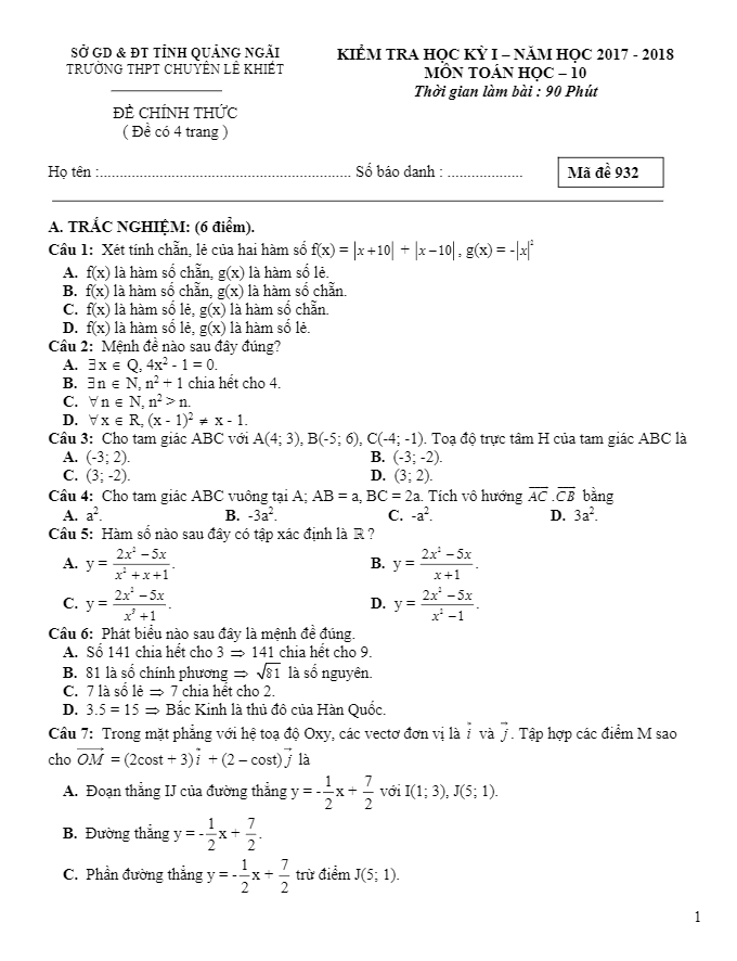 Đề kiểm tra học kì 1 (HK1) lớp 10 môn Toán năm học 2017 2018 trường THPT chuyên Lê Khuyết Quảng Ngãi