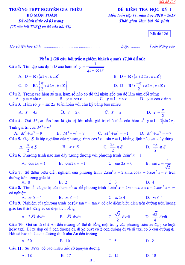 Đề kiểm tra học kì 1 (HK1) lớp 11 môn Toán năm 2018 2019 trường Nguyễn Gia Thiều Hà Nội