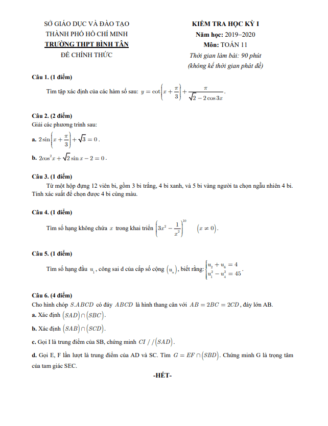 Đề kiểm tra học kì 1 (HK1) lớp 11 môn Toán năm 2019 2020 trường THPT Bình Tân TP HCM