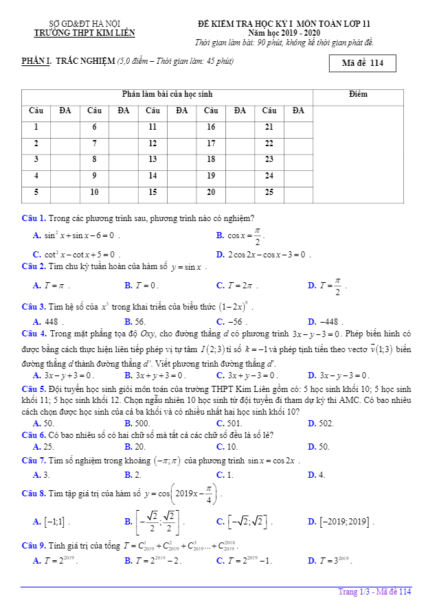 Đề kiểm tra học kì 1 (HK1) lớp 11 môn Toán năm 2019 2020 trường THPT Kim Liên Hà Nội