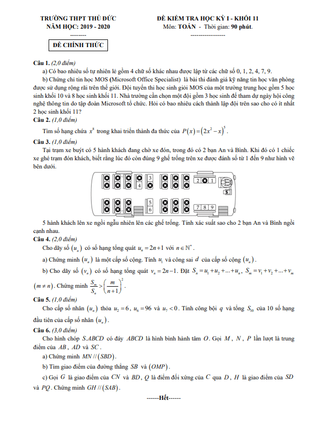 Đề kiểm tra học kì 1 (HK1) lớp 11 môn Toán năm 2019 2020 trường THPT Thủ Đức TP HCM