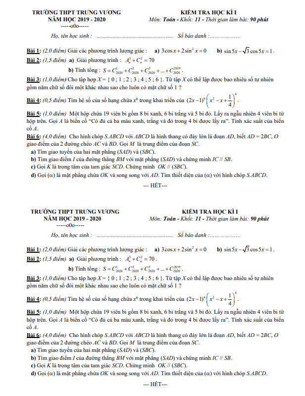 Đề kiểm tra học kì 1 (HK1) lớp 11 môn Toán năm 2019 2020 trường Trưng Vương TP HCM