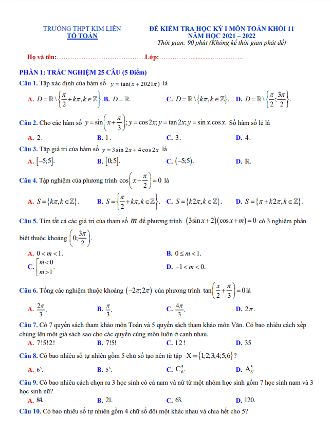 Đề kiểm tra học kì 1 (HK1) lớp 11 môn Toán năm 2021 2022 trường THPT Kim Liên Hà Nội
