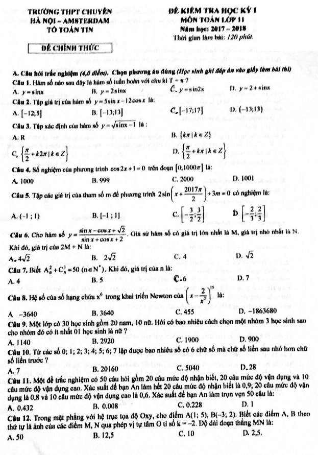 Đề kiểm tra học kì 1 (HK1) lớp 11 môn Toán năm học 2017 2018 trường THPT chuyên Hà Nội Amsterdam