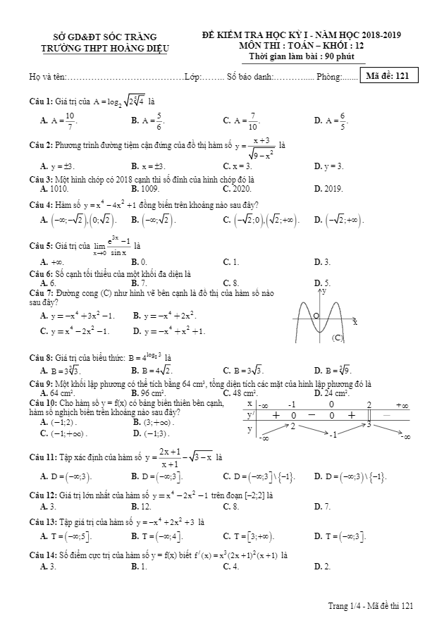Đề kiểm tra học kì 1 (HK1) lớp 12 môn Toán năm 2018 2019 trường THPT Hoàng Diệu Sóc Trăng
