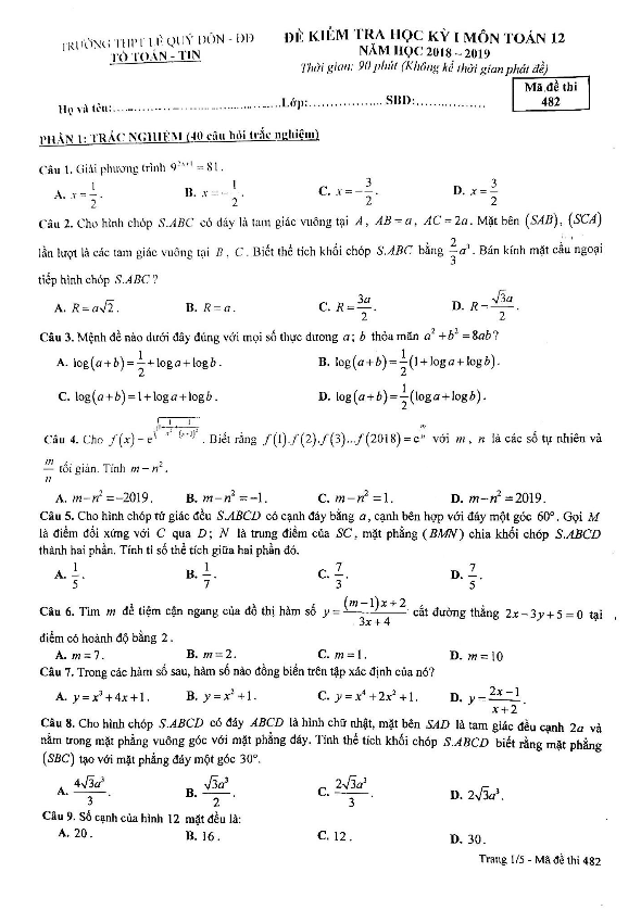 Đề kiểm tra học kì 1 (HK1) lớp 12 môn Toán năm 2018 2019 trường THPT Lê Quý Đôn Hà Nội