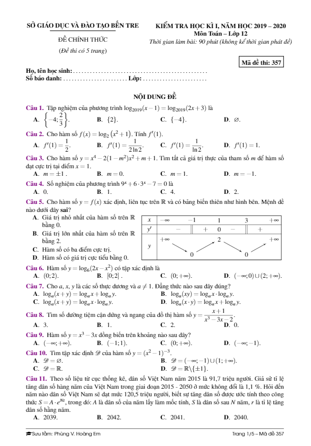 Đề kiểm tra học kì 1 (HK1) lớp 12 môn Toán năm 2019 2020 sở GD ĐT Bến Tre
