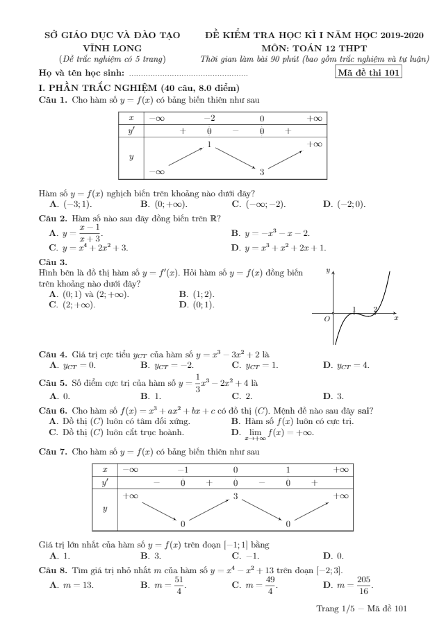 Đề kiểm tra học kì 1 (HK1) lớp 12 môn Toán năm 2019 2020 sở GD ĐT Vĩnh Long