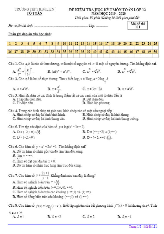 Đề kiểm tra học kì 1 (HK1) lớp 12 môn Toán năm 2019 2020 trường THPT Kim Liên Hà Nội