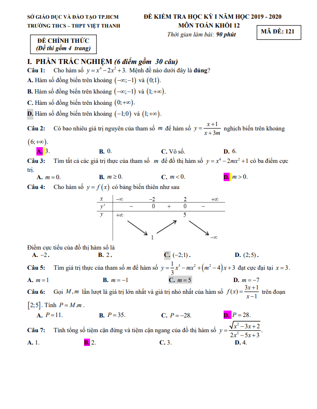 Đề kiểm tra học kì 1 (HK1) lớp 12 môn Toán năm 2019 2020 trường Việt Thanh TP HCM