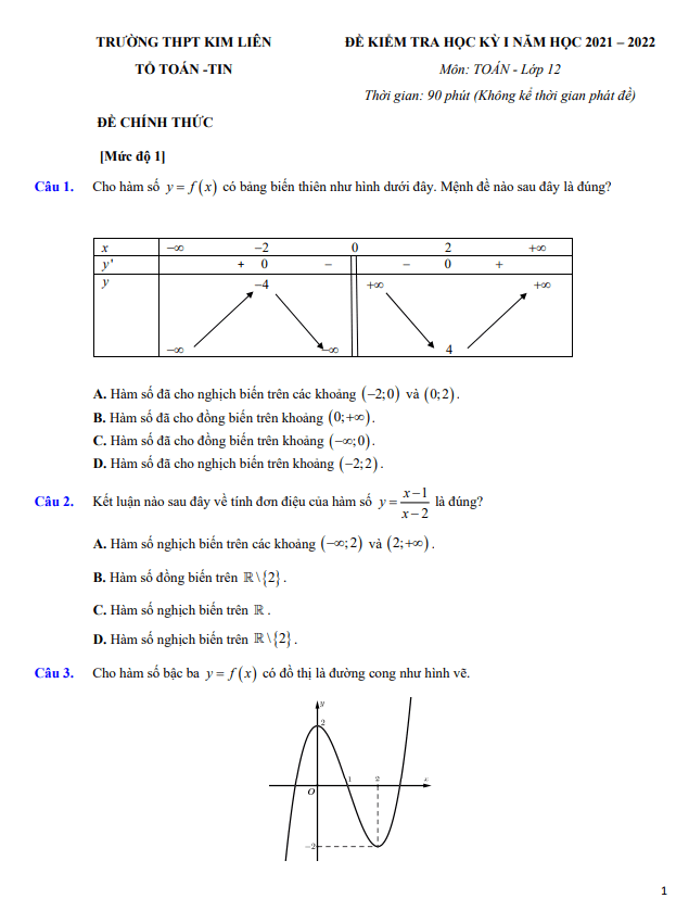 Đề kiểm tra học kì 1 (HK1) lớp 12 môn Toán năm 2021 2022 trường THPT Kim Liên Hà Nội