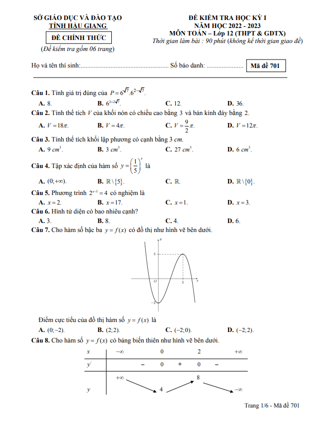 Đề kiểm tra học kì 1 (HK1) lớp 12 môn Toán năm 2022 2023 sở GD ĐT Hậu Giang