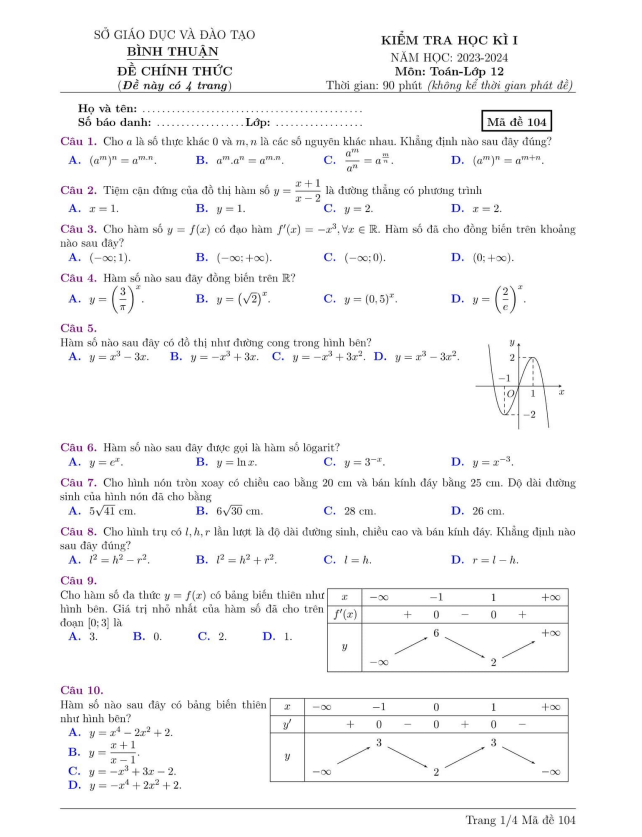 Đề kiểm tra học kì 1 (HK1) lớp 12 môn Toán năm 2023 2024 sở GD ĐT Bình Thuận