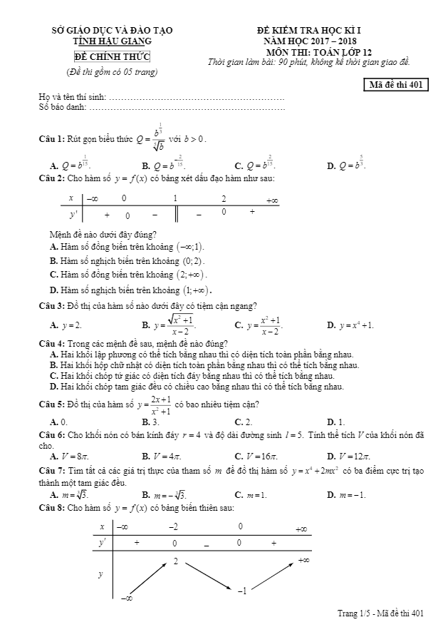 Đề kiểm tra học kì 1 (HK1) lớp 12 môn Toán năm học 2017 2018 sở GD và ĐT Hậu Giang