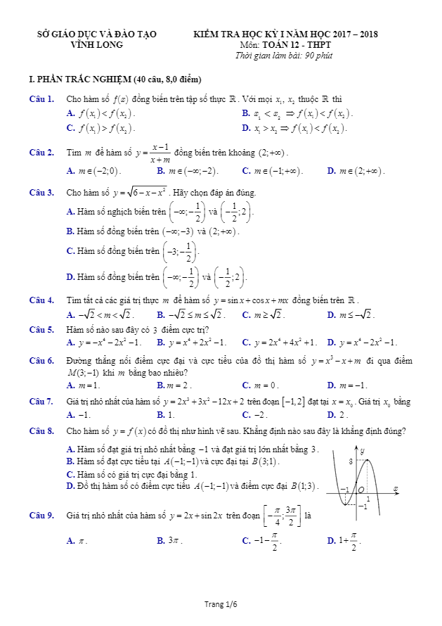 Đề kiểm tra học kì 1 (HK1) lớp 12 môn Toán năm học 2017 2018 sở GD và ĐT Vĩnh Long