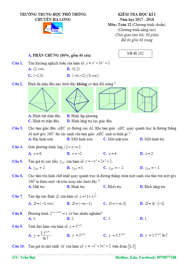 Đề kiểm tra học kì 1 (HK1) lớp 12 môn Toán năm học 2017 2018 trường THPT chuyên Hạ Long Quảng Ninh