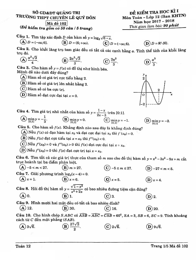 Đề kiểm tra học kì 1 (HK1) lớp 12 môn Toán năm học 2017 2018 trường THPT chuyên Lê Quý Đôn Quảng Trị