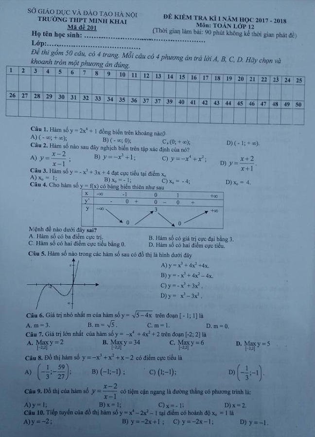 Đề kiểm tra học kì 1 (HK1) lớp 12 môn Toán năm học 2017 2018 trường THPT Minh Khai Hà Nội
