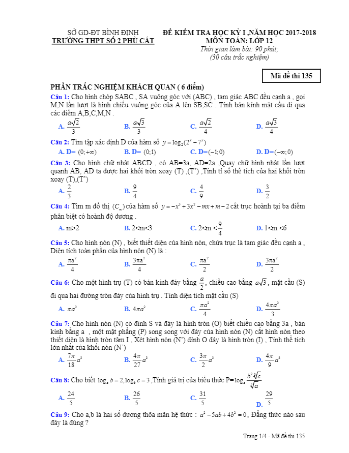 Đề kiểm tra học kì 1 (HK1) lớp 12 môn Toán năm học 2017 2018 trường THPT số 2 Phù Cát Bình Định