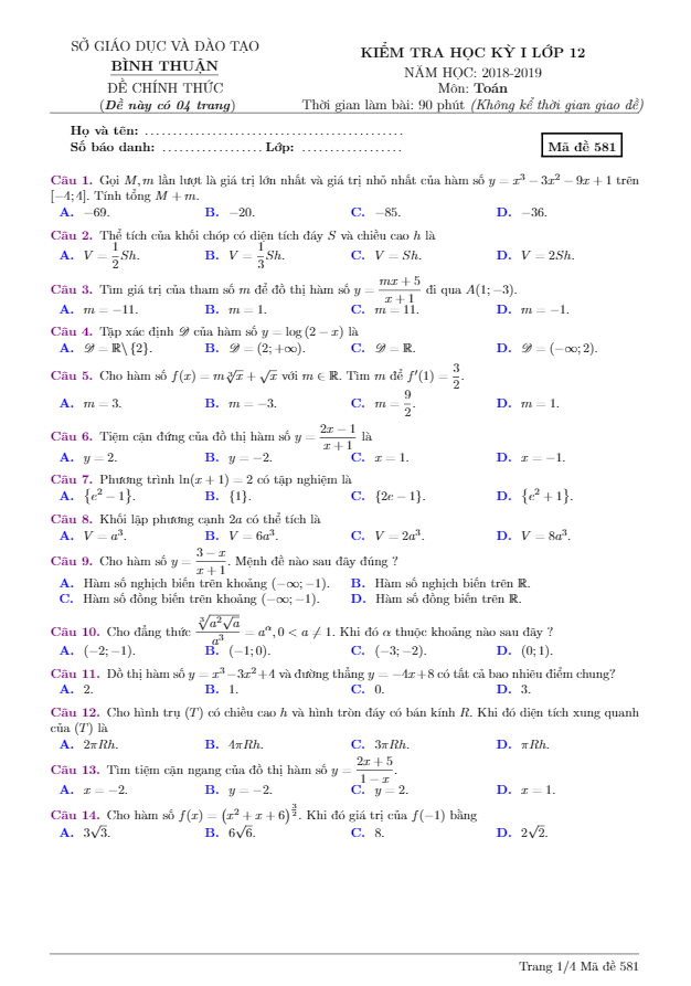 Đề kiểm tra học kì 1 (HK1) lớp 12 môn Toán năm học 2018 2019 sở GD và ĐT Bình Thuận