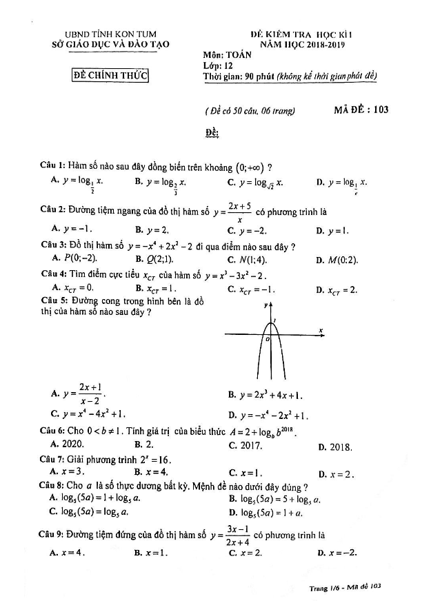 Đề kiểm tra học kì 1 (HK1) lớp 12 môn Toán năm học 2018 2019 sở GD và ĐT Kon Tum