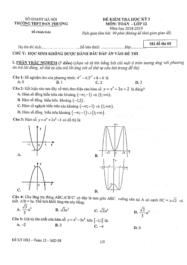 Đề kiểm tra học kì 1 (HK1) lớp 12 môn Toán năm học 2018 2019 trường THPT Đan Phượng Hà Nội