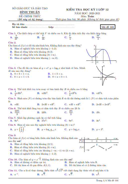 Đề kiểm tra học kì 1 (HK1) lớp 12 môn Toán năm học 2020 2021 sở GD ĐT Bình Thuận