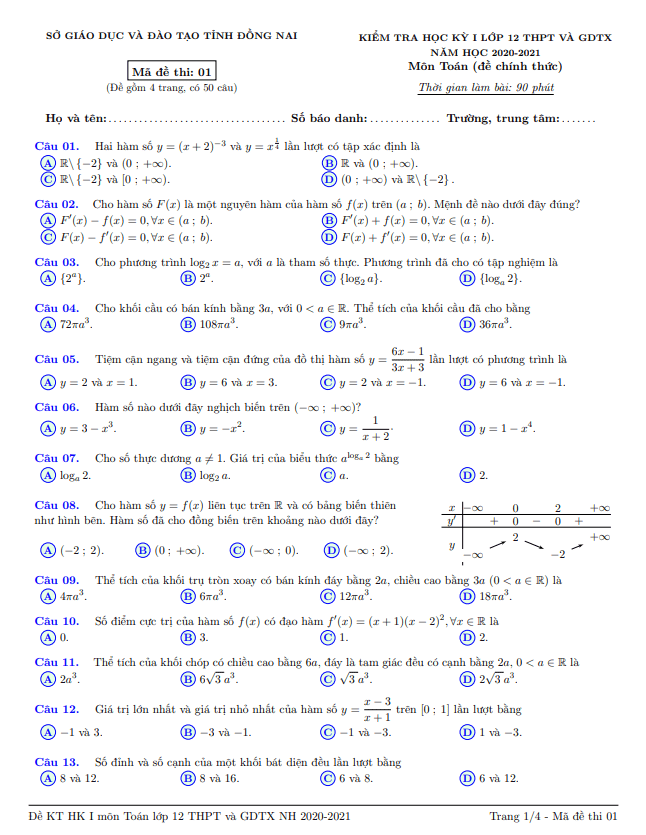 Đề kiểm tra học kì 1 (HK1) lớp 12 môn Toán năm học 2020 2021 sở GD ĐT Đồng Nai