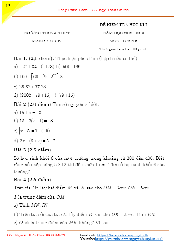Đề kiểm tra học kì 1 (HK1) lớp 6 môn Toán năm 2018 2019 trường Marie Curie Hà Nội