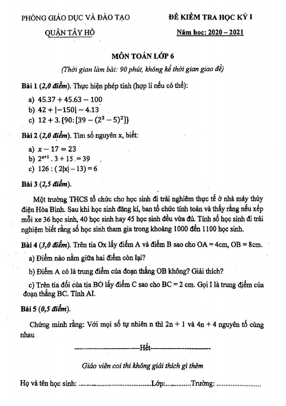 Đề kiểm tra học kì 1 (HK1) lớp 6 môn Toán năm 2020 2021 phòng GD ĐT Tây Hồ Hà Nội