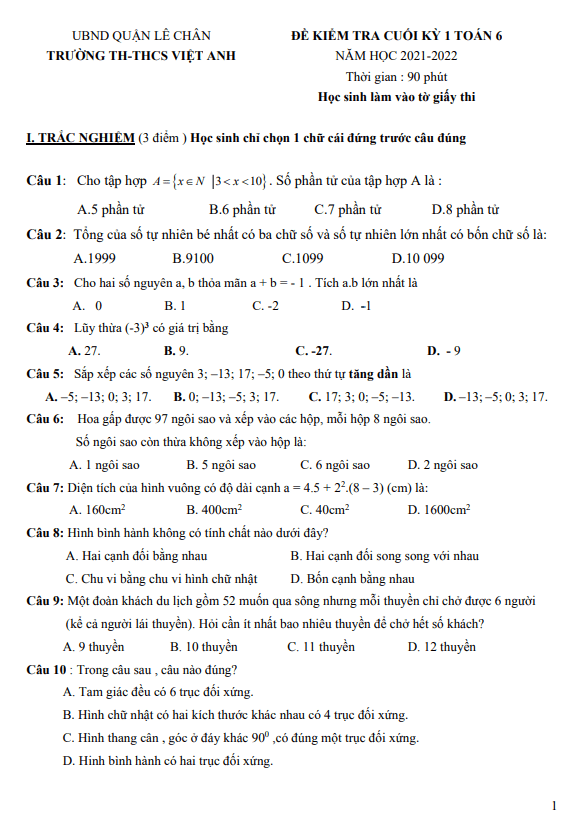 Đề kiểm tra học kì 1 (HK1) lớp 6 môn Toán năm 2021 2022 trường TH THCS Việt Anh Hải Phòng