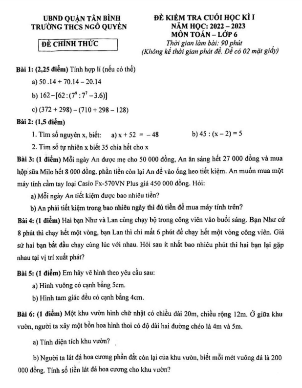 Đề kiểm tra học kì 1 (HK1) lớp 6 môn Toán năm 2022 2023 trường THCS Ngô Quyền TP HCM