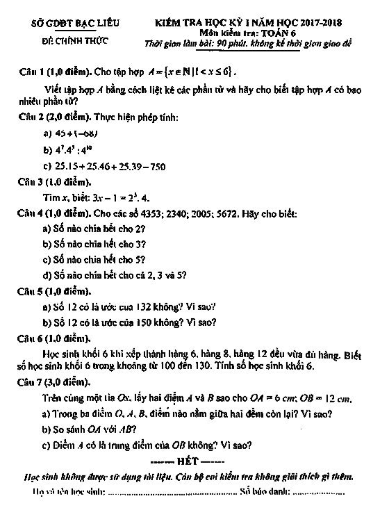 Đề kiểm tra học kì 1 (HK1) lớp 6 môn Toán năm học 2017 2018 sở GD và ĐT Bạc Liêu