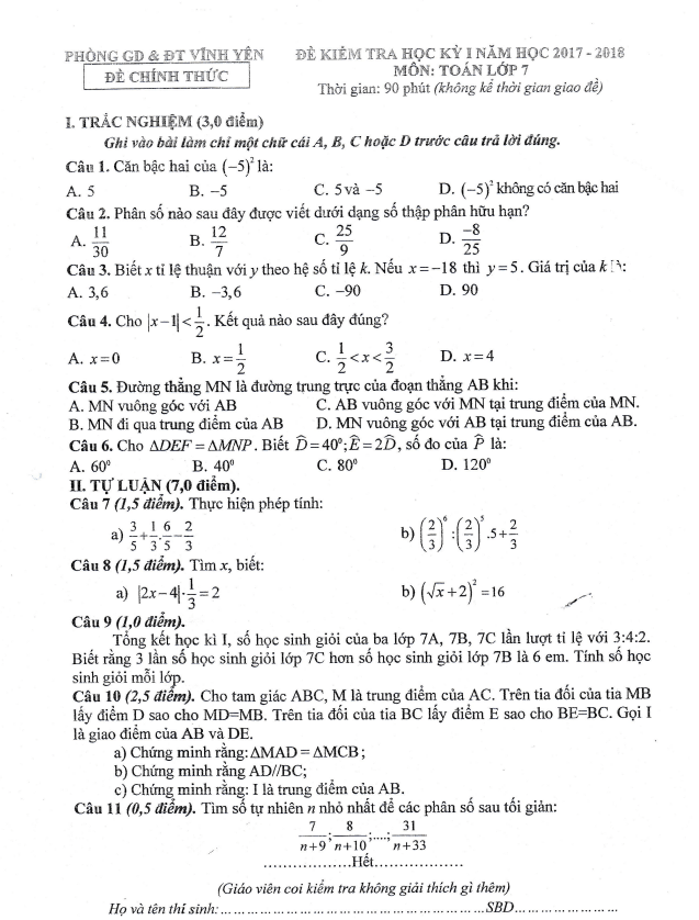 Đề kiểm tra học kì 1 (HK1) lớp 7 môn Toán năm 2017 2018 phòng GD ĐT Vĩnh Yên Vĩnh Phúc