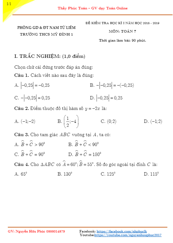 Đề kiểm tra học kì 1 (HK1) lớp 7 môn Toán năm 2018 2019 trường THCS Mỹ Đình 1 Hà Nội