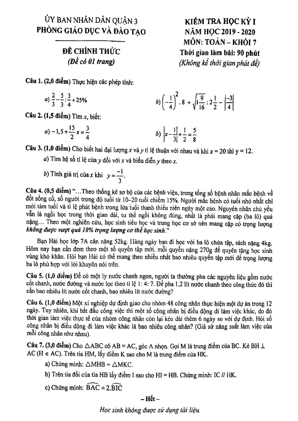 Đề kiểm tra học kì 1 (HK1) lớp 7 môn Toán năm 2019 2020 phòng GD ĐT Quận 3 TP HCM