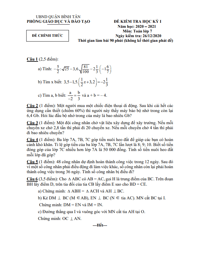 Đề kiểm tra học kì 1 (HK1) lớp 7 môn Toán năm 2020 2021 phòng GD ĐT Bình Tân TP HCM
