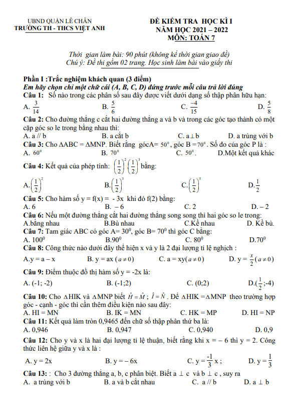 Đề kiểm tra học kì 1 (HK1) lớp 7 môn Toán năm 2021 2022 trường TH THCS Việt Anh Hải Phòng