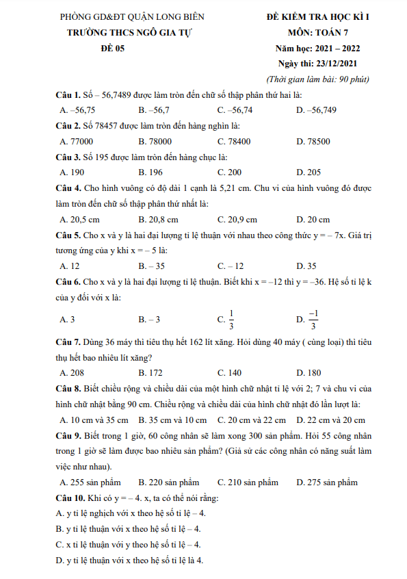 Đề kiểm tra học kì 1 (HK1) lớp 7 môn Toán năm 2021 2022 trường THCS Ngô Gia Tự Hà Nội