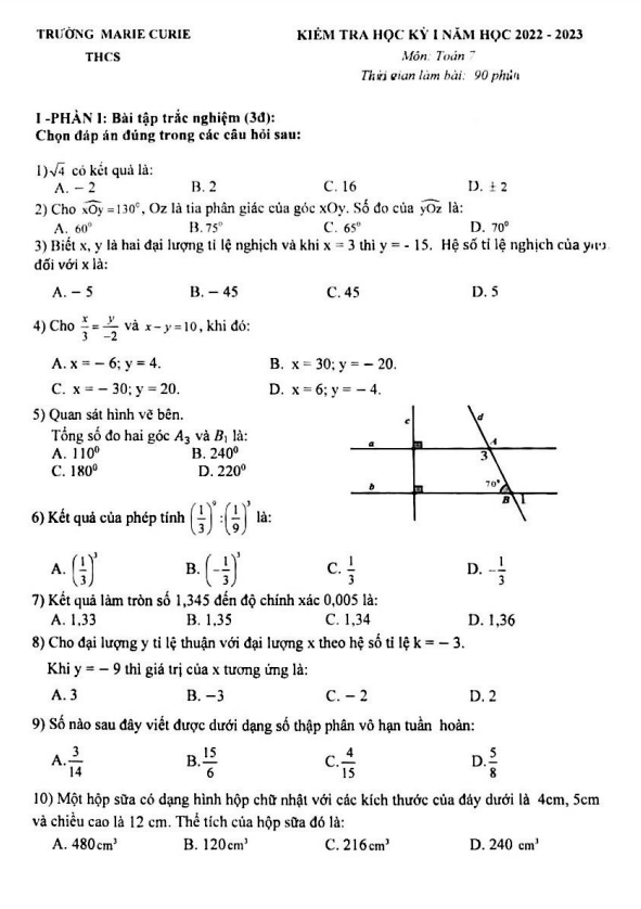 Đề kiểm tra học kì 1 (HK1) lớp 7 môn Toán năm 2022 2023 trường Marie Curie Hà Nội