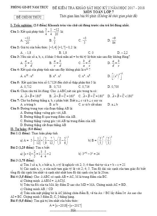 Đề kiểm tra học kì 1 (HK1) lớp 7 môn Toán năm học 2017 2018 phòng GD và ĐT Nam Trực Nam Định