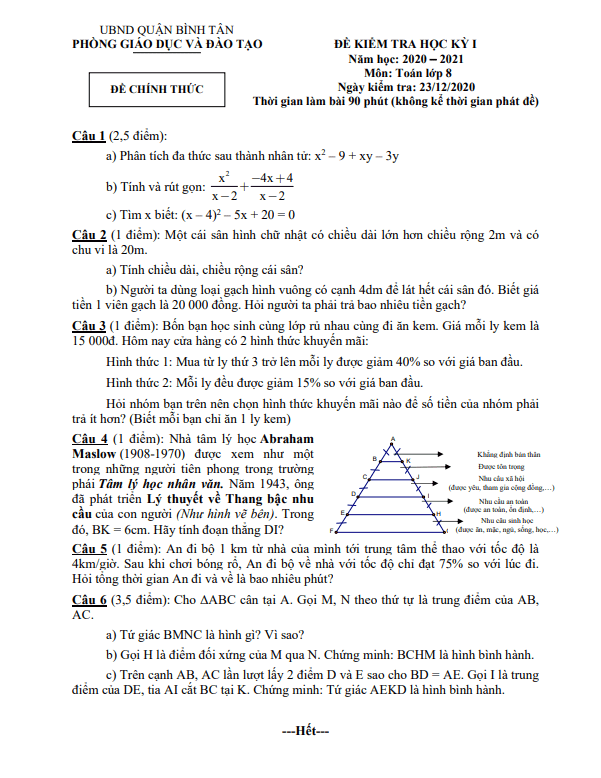 Đề kiểm tra học kì 1 (HK1) lớp 8 môn Toán năm 2020 2021 phòng GD ĐT Bình Tân TP HCM