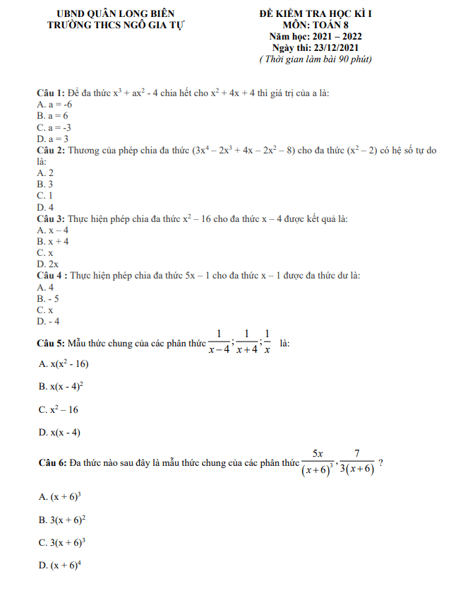 Đề kiểm tra học kì 1 (HK1) lớp 8 môn Toán năm 2021 2022 trường THCS Ngô Gia Tự Hà Nội