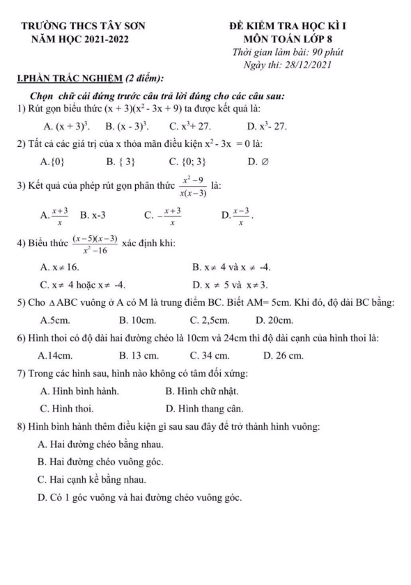 Đề kiểm tra học kì 1 (HK1) lớp 8 môn Toán năm 2021 2022 trường THCS Tây Sơn Hà Nội
