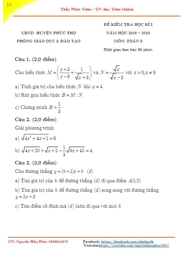 Đề kiểm tra học kì 1 (HK1) lớp 9 môn Toán năm 2018 2019 phòng GD ĐT Phúc Thọ Hà Nội