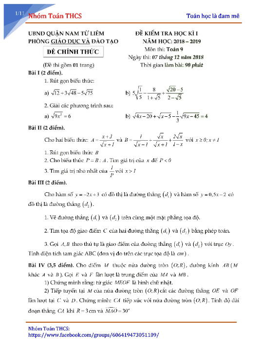 Đề kiểm tra học kì 1 (HK1) lớp 9 môn Toán năm 2018 2019 phòng GD và ĐT Nam Từ Liêm Hà Nội