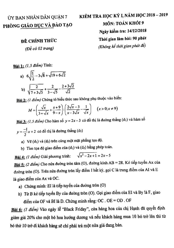 Đề kiểm tra học kì 1 (HK1) lớp 9 môn Toán năm 2018 2019 phòng GD và ĐT Quận 7 TP. HCM