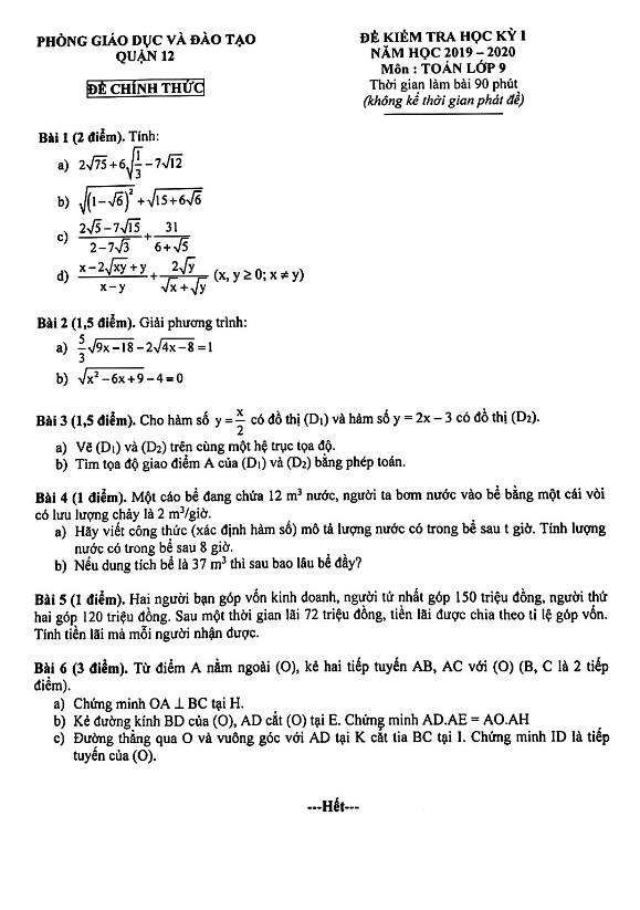 Đề kiểm tra học kì 1 (HK1) lớp 9 môn Toán năm 2019 2020 phòng GD ĐT Quận 12 TP HCM