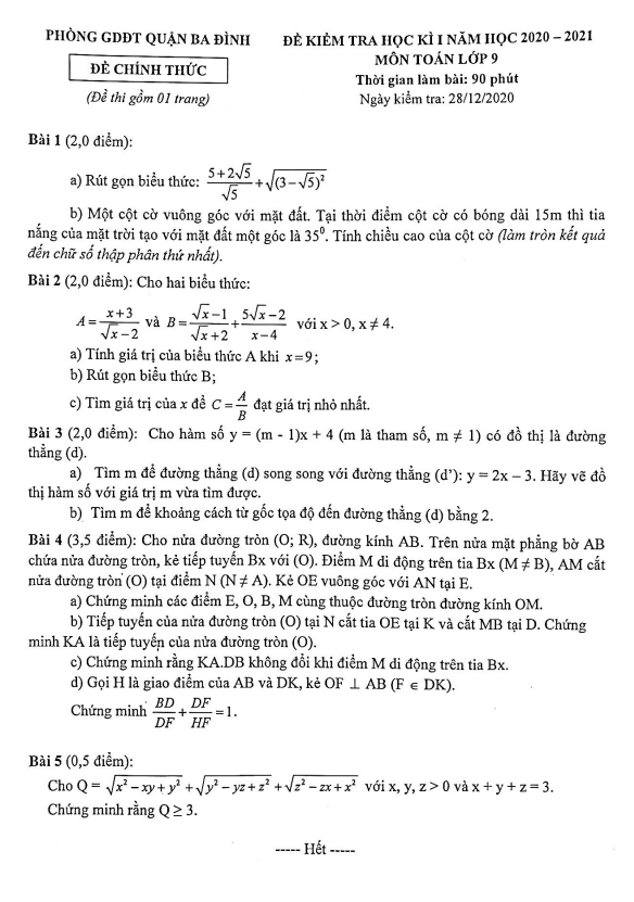 Đề kiểm tra học kì 1 (HK1) lớp 9 môn Toán năm 2020 2021 phòng GD ĐT Ba Đình Hà Nội
