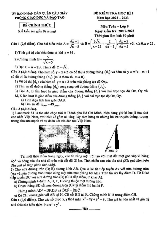 Đề kiểm tra học kì 1 (HK1) lớp 9 môn Toán năm 2022 2023 phòng GD ĐT Cầu Giấy Hà Nội